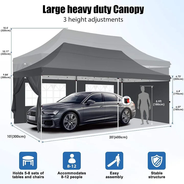 10x20Pop up Canopy Tent with 6 sidewalls Commercial Heavy Duty Canopy UPF 50+ All Weather Waterproof Outdoor Wedding Party Tents