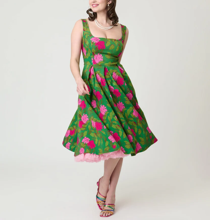 Unique Vintage Green Vintage Rose Square Neck Pleated Swing Dress