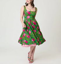 Load image into Gallery viewer, Unique Vintage Green Vintage Rose Square Neck Pleated Swing Dress