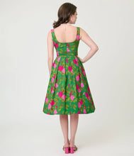 Load image into Gallery viewer, Unique Vintage Green Vintage Rose Square Neck Pleated Swing Dress