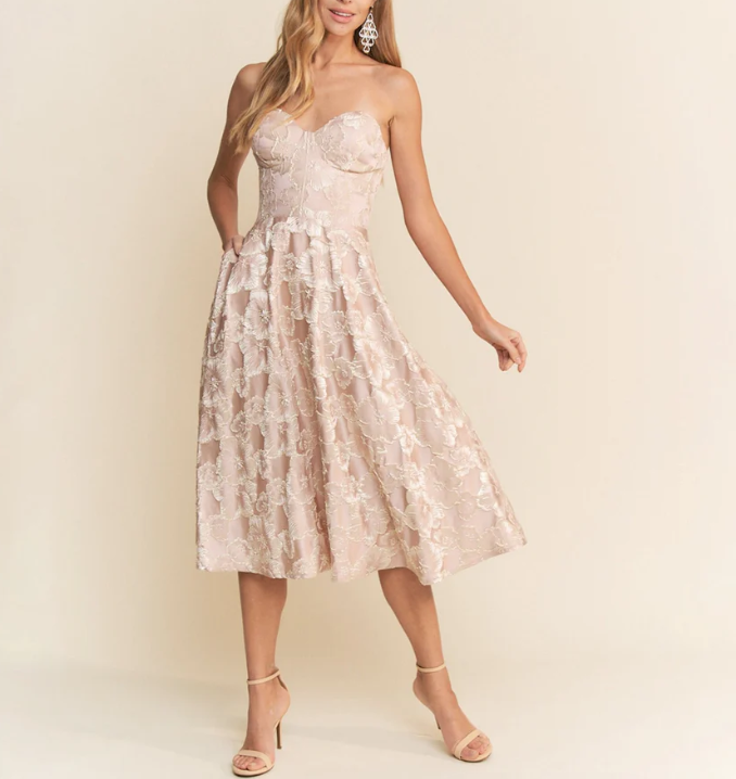 Mauve Floral Strapless Midi Dress