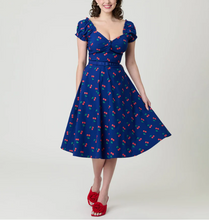 Load image into Gallery viewer, Unique Vintage Navy &amp; Cherries Swing Dress