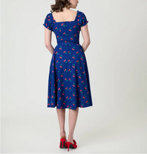 Load image into Gallery viewer, Unique Vintage Navy &amp; Cherries Swing Dress