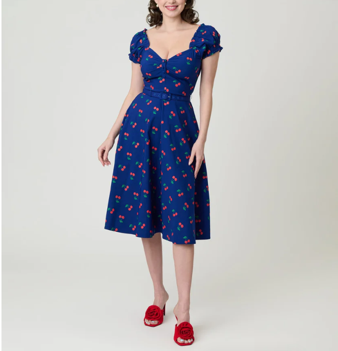 Unique Vintage Navy & Cherries Swing Dress