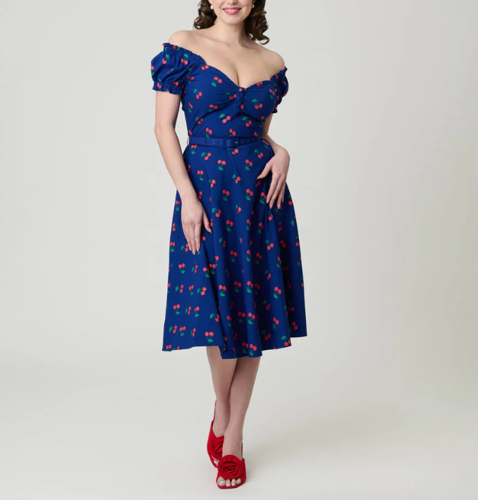 Unique Vintage Navy & Cherries Swing Dress